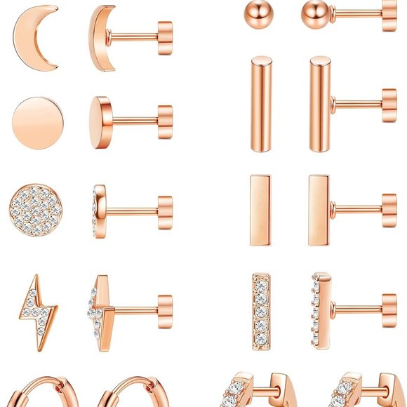 12 Pairs Rose Gold Flat Back Earrings Set - Picture 1 of 7